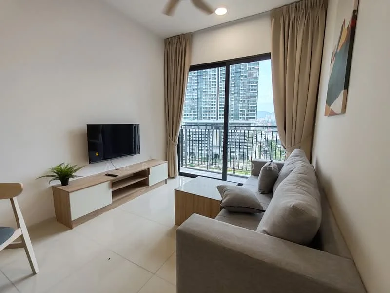 Living features: grey fabric sofa, wooden coffee table, TV console, wall-mounted TV, floor-to-ceiling windows, curtains, light-colored walls, ceramic tile flooring, ceiling fan with light; style: modern; view: city.