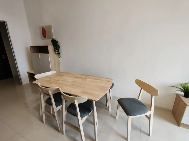 Dining features: wooden dining table, 4 dining chairs with wooden legs and upholstered seats, light-colored wood finish, neutral wall color, ceramic tile flooring, decorative wall art, small indoor plant, minimalist design, open space layout; style: modern.