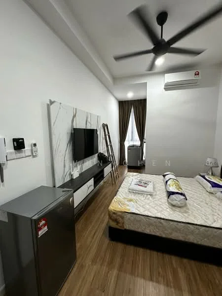 Bedroom features: queen-size bed, upholstered headboard, bedding with decorative pillows, wooden flooring, ceiling fan, wall-mounted air conditioning unit, TV mounted on wall, marble feature wall, curtains, ladder against wall, refrigerator; style: modern.