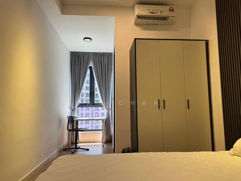 Room features: white painted walls, wooden flooring, floor-to-ceiling window, grey curtains, built-in wardrobe with two-tone finish, 1 wall-mounted split AC, desk chair, bed with white bedding; style: modern; view: city.