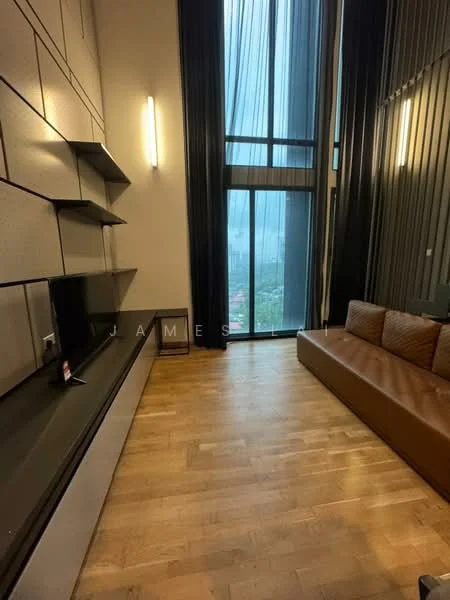 Living features: wooden flooring, grey accent wall, floor-to-ceiling windows, black TV console, wall-mounted TV, 3-seater leather sofa in brown, decorative wall lighting, sheer curtains, city view; style: modern; view: city.