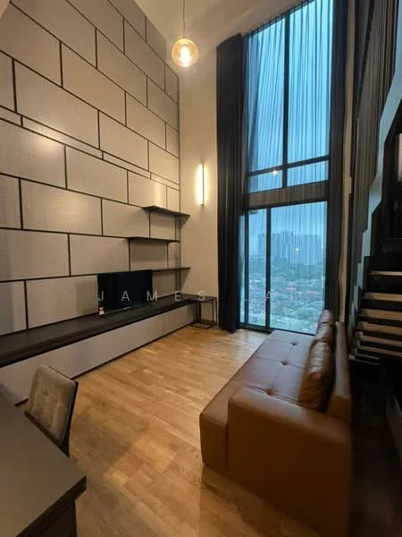 Living features: floor-to-ceiling windows, brown leather sofa, wooden flooring, black wall-mounted TV console, suspended shelving, decorative wall with geometric pattern, recessed wall lighting, curtains, open layout, city view; style: modern; view: city.
