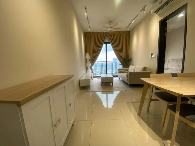 Living features: cream painted walls, glossy tile flooring, 5-blade ceiling fan with light, sofa in light beige, coffee table, area rug, floor-to-ceiling windows, curtains, decorative plant, dining table with chairs, sideboard cabinet; style: modern; view: city.