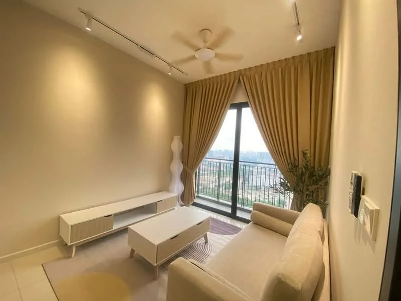 Living features: beige fabric sofa, white coffee table, white TV console, area rug, floor-to-ceiling windows, curtains in beige, ceiling fan, recessed downlights, decorative plant, city view; style: modern; view: city.