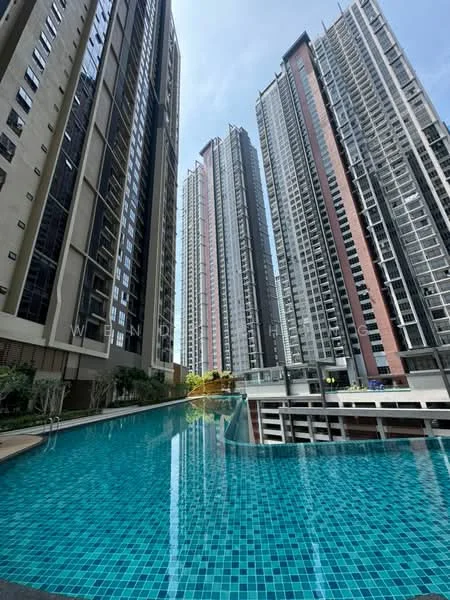 Exterior type: high-rise condominium; features: infinity pool, swimming pool deck, surrounded by high-rise buildings, tiled pool with turquoise mosaic tiles, landscaped garden area, sun loungers by the pool; style: modern.