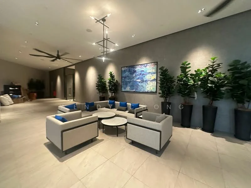 Living features: 5-blade ceiling fan with integrated LED light, grey tiled flooring, light grey walls, framed artwork on wall, sofa set with light grey upholstery and blue accent cushions, round coffee table with black top, large potted plants, recessed lighting; style: modern.