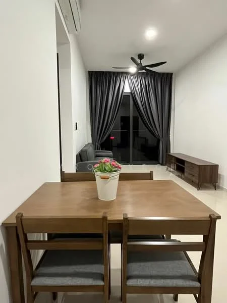 Dining features: wooden dining table, 4 dining chairs, grey upholstered seat cushions, potted plant centerpiece, white painted walls, ceramic tile flooring, 5-blade ceiling fan, floor-to-ceiling windows with sheer curtains, dark wood TV console, sofa in background; style: modern.