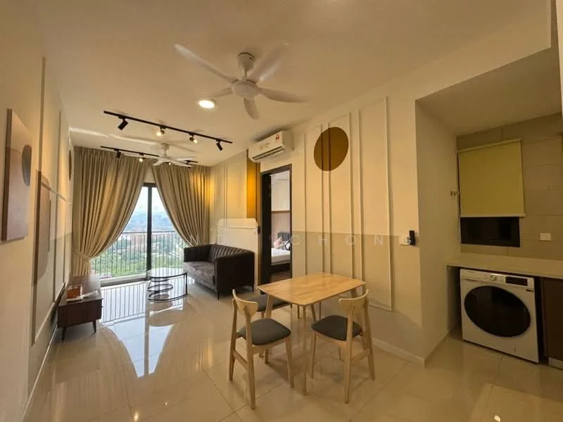 Living features: floor-to-ceiling windows, curtains, 3-blade ceiling fan, recessed downlights, sofa, coffee table, dining table with 2 chairs, wall-mounted air conditioning unit, tile flooring, neutral painted walls, decorative wall panels, view of city skyline; style: modern; view: city. Kitchen features: built-in cabinetry, countertop, washing machine, stainless-steel sink, kitchen appliances; style: modern.