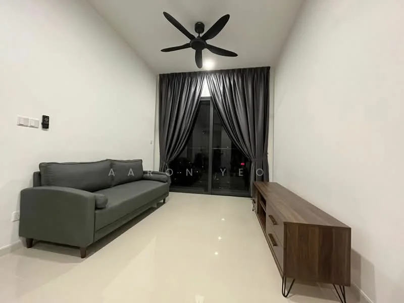 Living features: 3-seater fabric sofa in grey, wooden TV console, floor-to-ceiling windows, blackout curtains, white painted walls, polished tile flooring, 5-blade ceiling fan with light, decorative wall paneling; style: modern.