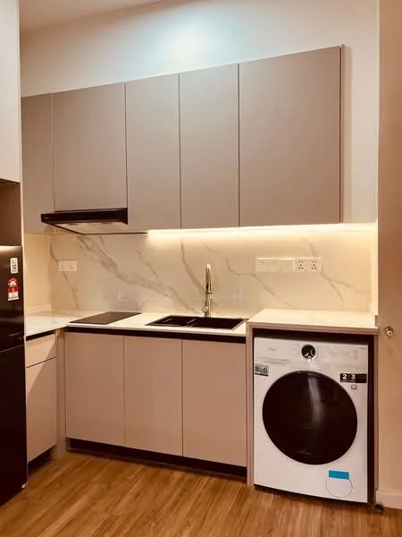 Kitchen features: light grey cabinetry, white marble backsplash, black countertop, single-bowl stainless-steel sink, chrome pull-down faucet, built-in stove with black cooktop, front-load washing machine, wood laminate flooring, under-cabinet lighting; style: modern.