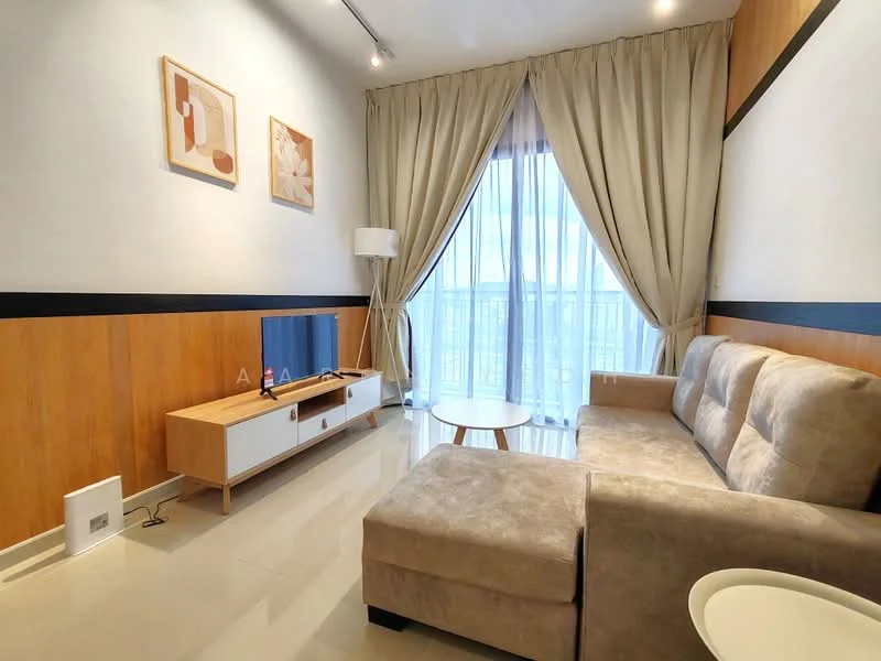 Living features: beige fabric sofa, round coffee table, TV console with storage, wall-mounted TV, wood panel accent wall, white painted walls, floor-to-ceiling windows, sheer curtains, recessed lighting, polished tile flooring; style: modern; view: city.