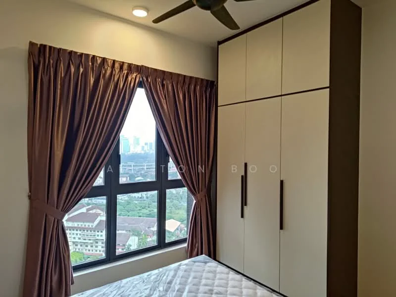 Bedroom features: floor-to-ceiling window, brown curtains, built-in wardrobe with white and brown cabinetry, queen-size bed, ceiling fan, mattress on bed frame, view of city skyline; style: modern; view: city.