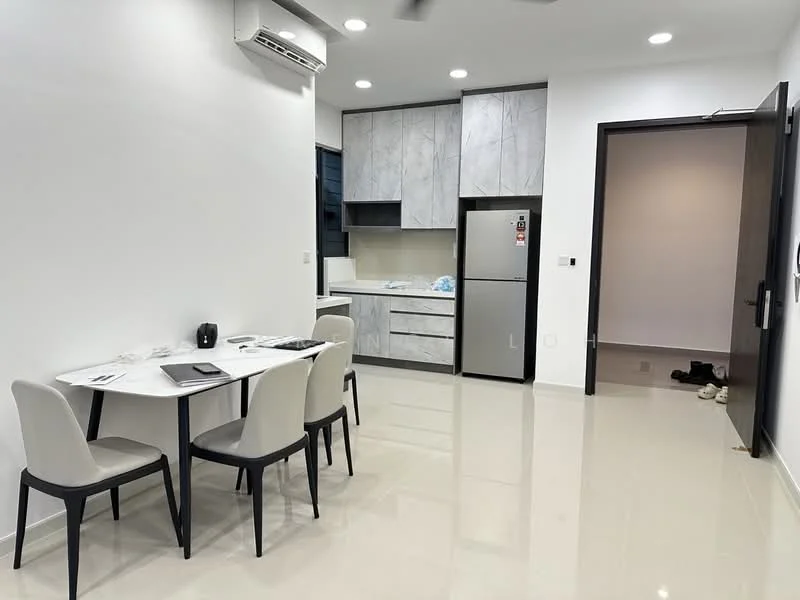 Dining features: 4-seater dining table, white table with black legs, 4 upholstered dining chairs in light grey, wall-mounted split AC, recessed LED downlights, cream painted walls, glossy tile flooring, kitchen cabinetry with marble pattern, stainless-steel fridge, built-in kitchen oven, kitchen countertop, open layout, black door frame, dark wood door; style: modern.