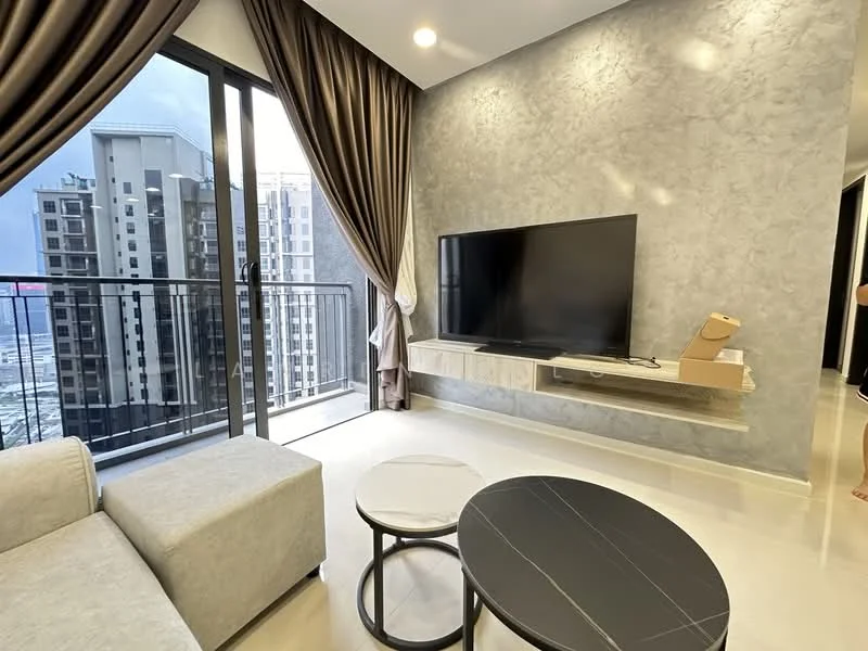 Living features: grey accent wall, light-colored sofa, round coffee table, black side table, wall-mounted TV, TV console, floor-to-ceiling windows, curtains, recessed downlights, tile flooring; style: modern; view: city.