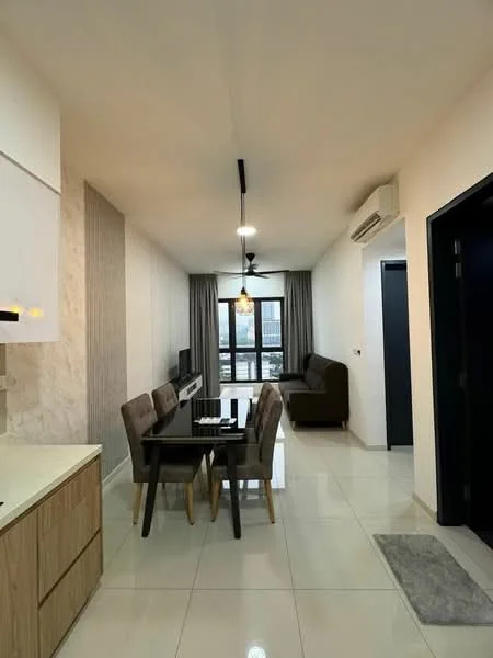 Living features: 3-seater fabric sofa in brown, dining table for 6 with wooden legs, pendant light fixture, 5-blade ceiling fan with light, floor-to-ceiling windows, grey curtains, white walls, glossy tile flooring, decorative wall panel, air conditioning unit; style: modern; view: city.