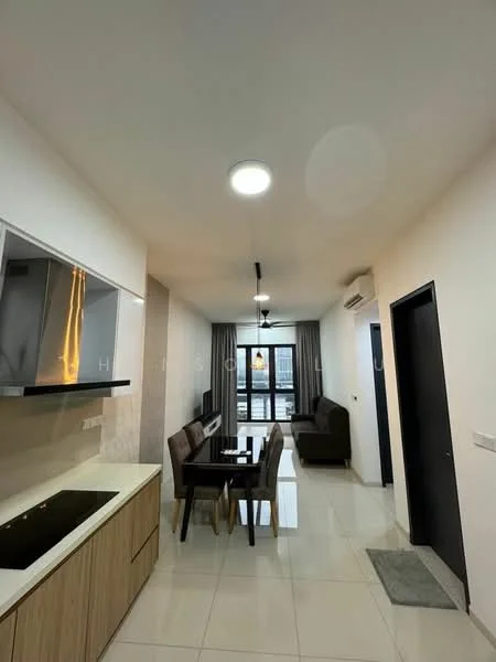 Living features: light-colored walls, white ceiling, recessed downlights, 5-blade ceiling fan, large windows with city view, grey fabric sofa, wooden dining table, 4 upholstered dining chairs, kitchen cabinetry with wood finish, black countertop, tile flooring, curtains, air conditioning unit; style: modern; view: city.