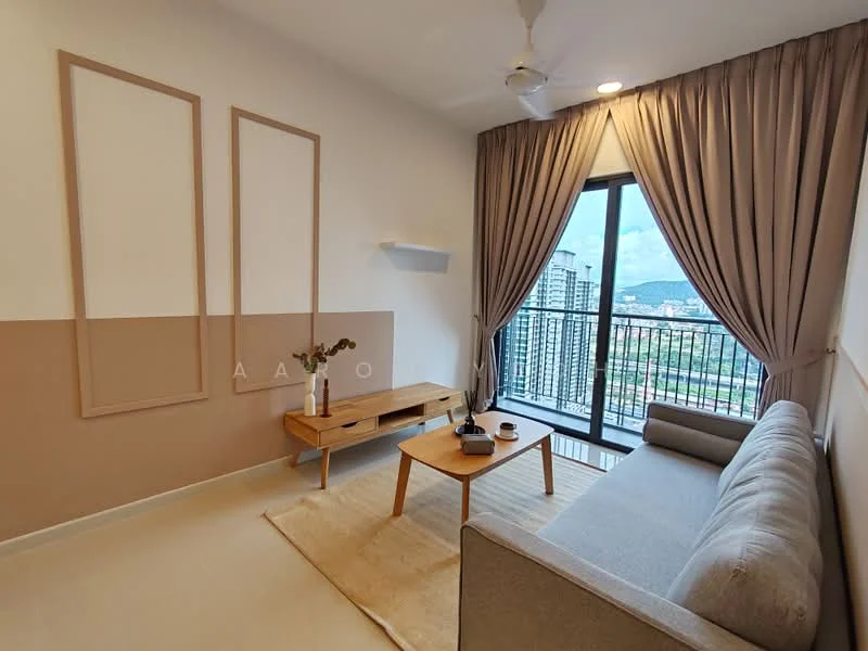 Living features: 3-seater fabric sofa in light grey, wooden coffee table, area rug with neutral color, floor-to-ceiling windows, curtains in light fabric, ceiling fan, decorative wall with two framed sections, wall-mounted shelf, view of city skyline; style: modern; view: city.