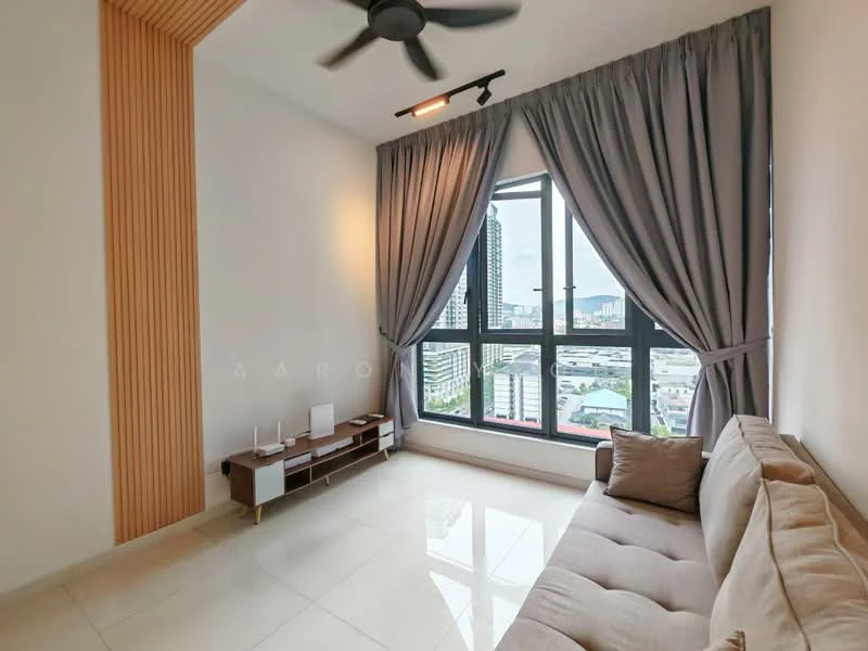 Living features: floor-to-ceiling windows, grey curtains, 3-seater fabric sofa in beige, wooden TV console, wall-mounted TV, recessed downlights, ceiling fan, white painted walls, glossy tile flooring, wood panel accent wall; style: modern; view: city.