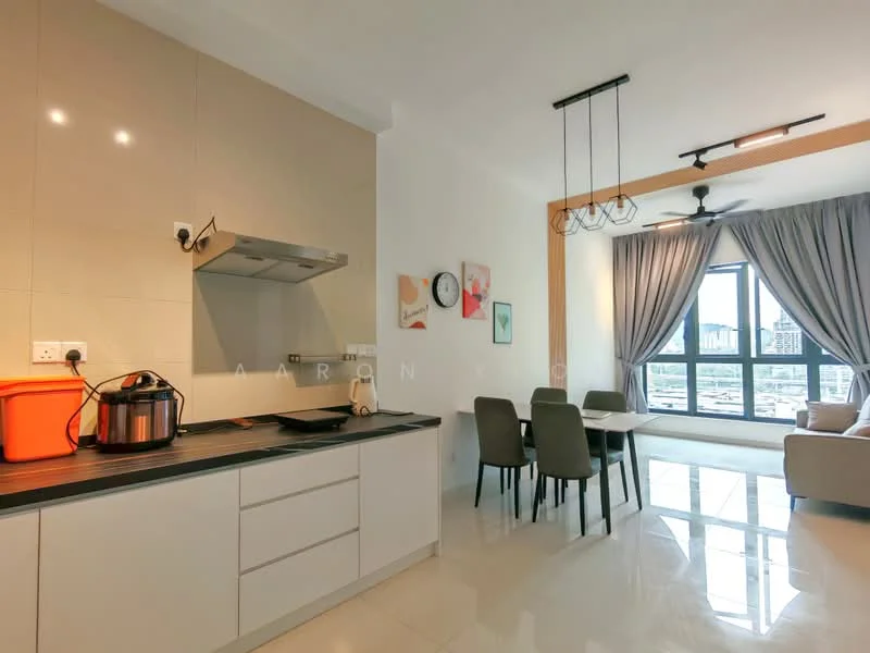 Kitchen features: white cabinetry, black countertop, stainless-steel range hood, built-in stove, orange kitchen appliance, recessed downlights, marble tile flooring, open layout to dining area; style: modern; view: city. Dining features: 4-seater dining table, upholstered dining chairs, pendant lighting above table, large window with city view, curtains, wall clock; style: modern; view: city. Living features: sofa, coffee table, floor-to-ceiling windows, curtains, area rug, wall-mounted clock; style: modern; view: city.