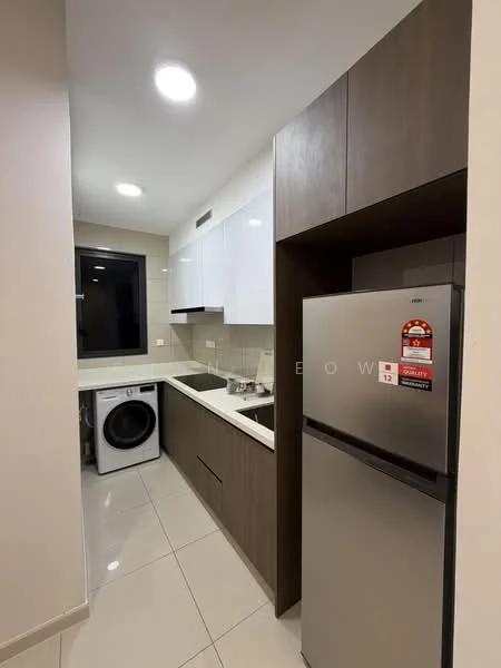 Kitchen features: white upper cabinets, brown lower cabinets, stainless-steel sink, chrome pull-down faucet, white countertop, built-in oven, stainless-steel fridge, front-load washing machine, ceramic tile flooring, recessed LED downlights, window with black frame, neutral wall color; style: modern.