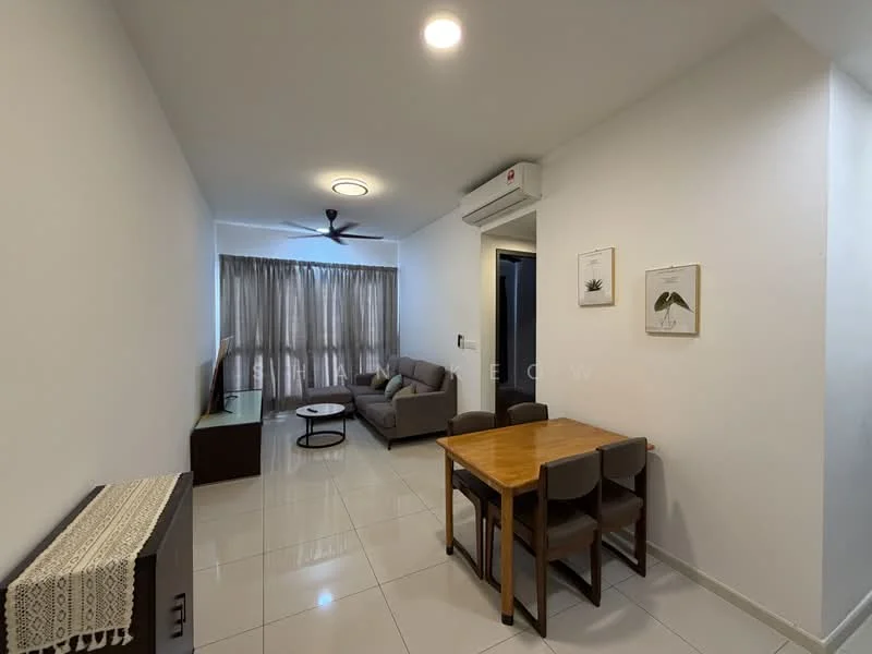 Living features: light grey fabric sofa, 3-seater sofa, black coffee table, wooden dining table, 4 dining chairs, white painted walls, glossy tile flooring, ceiling fan, wall-mounted air conditioning unit, floor-to-ceiling windows with sheer curtains, decorative wall art; style: modern.