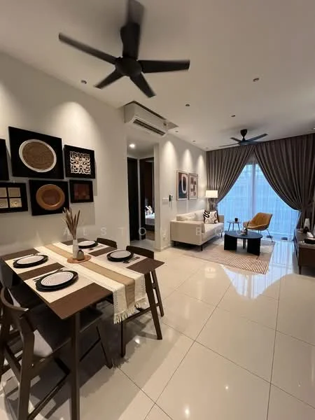 Dining features: 6-seater dining table, wooden dining chairs, table runner, decorative centerpieces; style: modern. Living features: sofa in light color, accent chair, coffee table, area rug, wall-mounted artwork, floor-to-ceiling windows with curtains, ceiling fan, recessed lighting; style: modern; view: city.