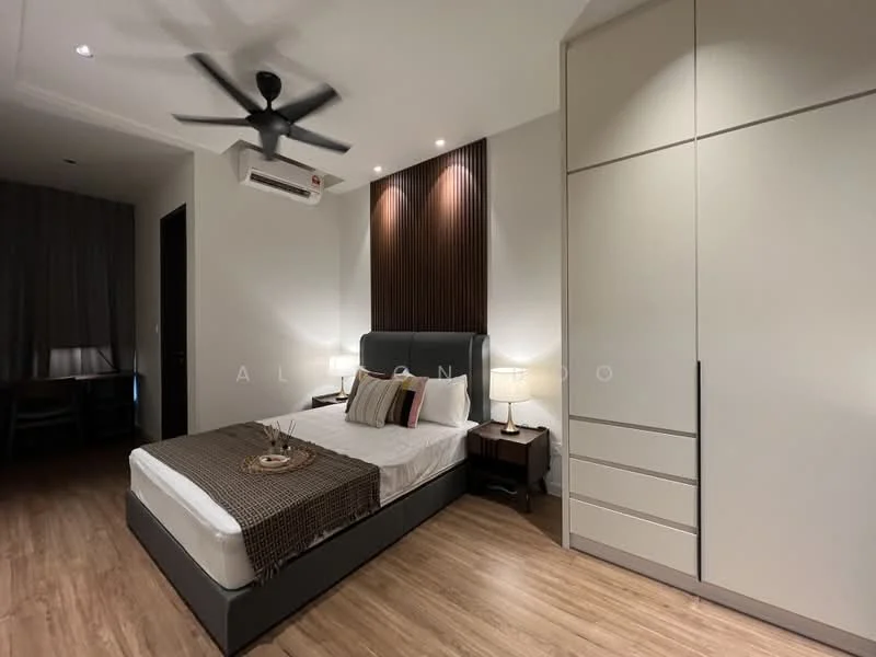 Bedroom features: king-size bed, upholstered headboard, bedside lamp, built-in wardrobe, wooden flooring, 5-blade ceiling fan, recessed downlights, decorative wall paneling, grey bedding, throw pillows in various colors, curtains, study desk, air conditioning unit; style: modern.