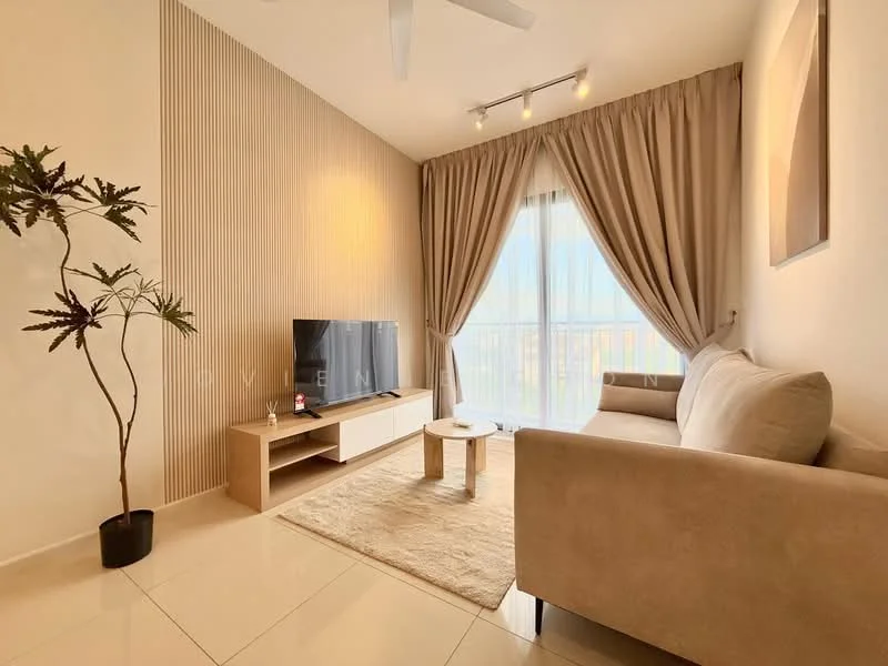 Living features: beige fabric sofa, coffee table, TV console, wall-mounted TV, area rug, floor-to-ceiling windows, sheer curtains, recessed downlights, 5-blade ceiling fan, decorative wall paneling, potted plant; style: modern; view: city.
