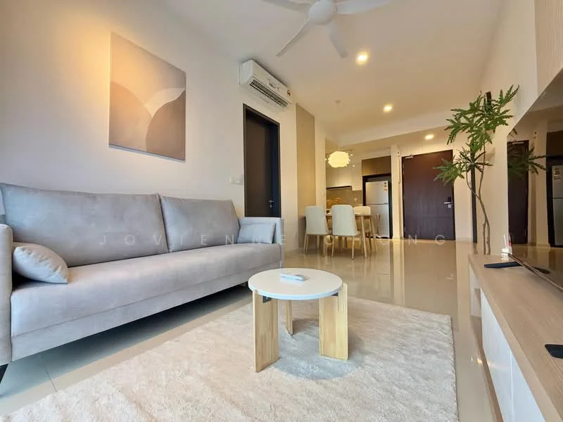 Living features: 3-seater fabric sofa in light grey, coffee table with wooden legs, area rug with soft texture, wall-mounted TV, TV console, ceiling fan, recessed downlights, air conditioning unit, decorative plant, framed artwork on wall, cream painted walls, glossy tile flooring; style: modern. Dining features: 4-seater dining table, upholstered dining chairs, pendant light above dining table; style: modern. Kitchen features: fridge, kitchen cabinetry, countertop, open layout to living area; style: modern.