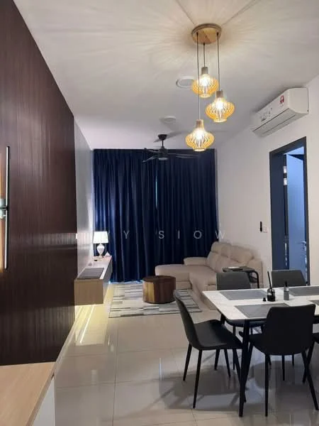 Living features: 3-seater fabric sofa in beige, coffee table, area rug with geometric pattern, wall-mounted TV, 2-blade ceiling fan, recessed downlights, pendant lights, dark wood accent wall, floor-to-ceiling curtains in navy blue, light-colored tile flooring; style: modern.