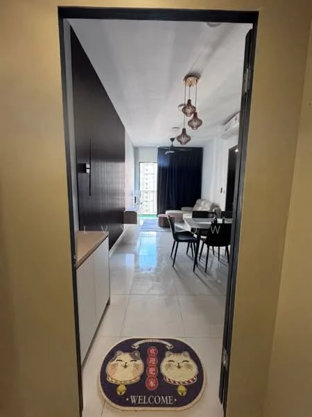 Room features: white walls, glossy tile flooring, recessed downlights, pendant lights, open layout, large windows, black curtains, dining table with chairs, sofa, decorative welcome mat; style: modern.