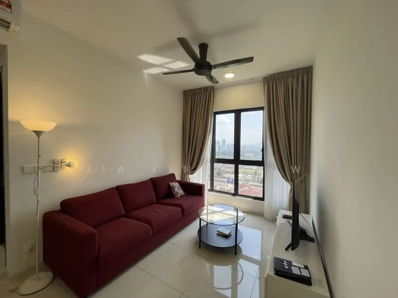 Living features: red fabric sofa, glass coffee table, wall-mounted TV, floor-to-ceiling windows, sheer curtains, recessed downlights, 5-blade ceiling fan, white painted walls, glossy tile flooring, decorative wall lamp; style: modern; view: city.