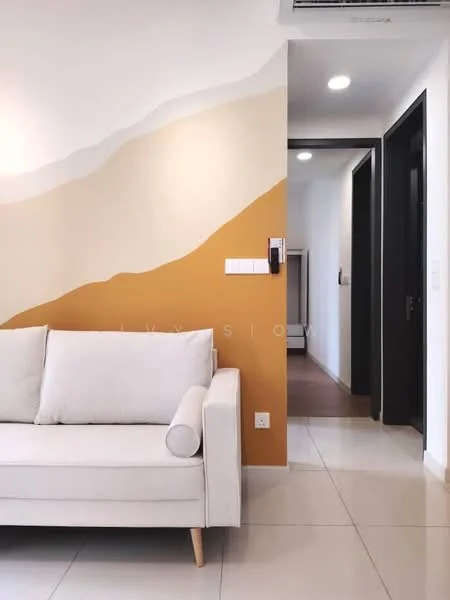 Living features: white fabric sofa, accent wall with beige and orange paint, glossy tile flooring, recessed ceiling lights, air conditioning unit, neutral wall color, doorway leading to hallway, minimalist decor; style: modern.