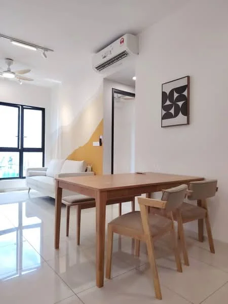 Dining features: wood dining table, 2 wooden dining chairs with upholstered seats, white walls, recessed downlights, wall-mounted split AC, floor-to-ceiling windows, grey sofa, decorative wall art, glossy tile flooring; style: modern.
