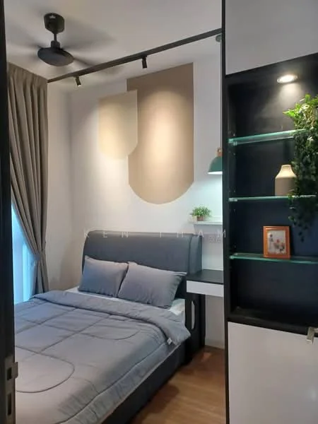 Bedroom features: queen-size bed with grey bedding, wall-mounted bedside lamp, built-in wardrobe with glass shelves, wooden flooring, curtains in light brown, ceiling fan, decorative wall art, small potted plant on shelf; style: modern.