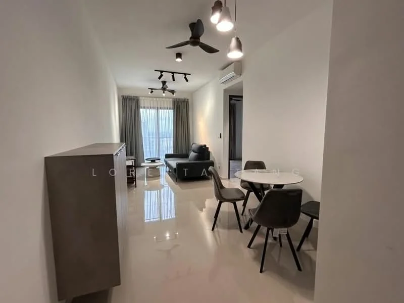 Living features: white painted walls, glossy tile flooring, 5-blade ceiling fan with light, recessed downlights, floor-to-ceiling windows with sheer curtains, grey fabric sofa, round coffee table, dining table with 4 chairs, air conditioning unit, decorative wall art; style: modern; view: city.