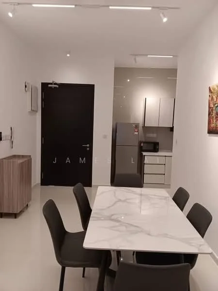 Dining features: marble dining table, 4 black dining chairs, white walls, recessed downlights, floor-to-ceiling windows, light-colored flooring, wooden sideboard, black door, microwave, stainless-steel fridge, kitchen cabinetry; style: modern.