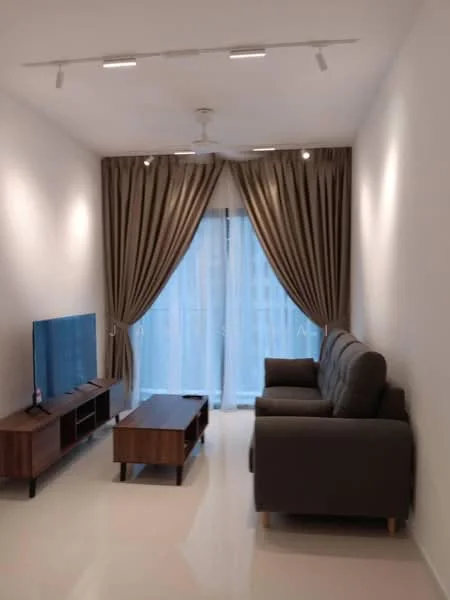 Living features: 3-seater fabric sofa in grey, wooden coffee table, TV console, wall-mounted TV, floor-to-ceiling windows, sheer curtains, dark brown curtains, recessed downlights, ceiling fan, light-coloured wall, glossy tile flooring; style: modern.
