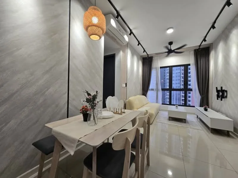 Living features: cream painted walls, grey accent wall, polished tile flooring, 5-blade ceiling fan with light, recessed LED downlights, sofa in cream, coffee table, TV console, wall-mounted TV, dining table with 4 chairs, decorative vase with flowers, curtains in dark grey; style: modern; view: city.
