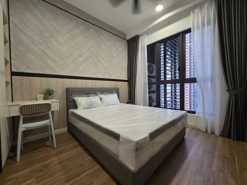 Bedroom features: queen-size bed with grey upholstered headboard, white bedding, wooden flooring, grey accent wall with herringbone pattern, white painted walls, floor-to-ceiling windows, blackout curtains, sheer curtains, study desk with white finish, decorative plant on desk, ceiling fan with light; style: modern; view: city.