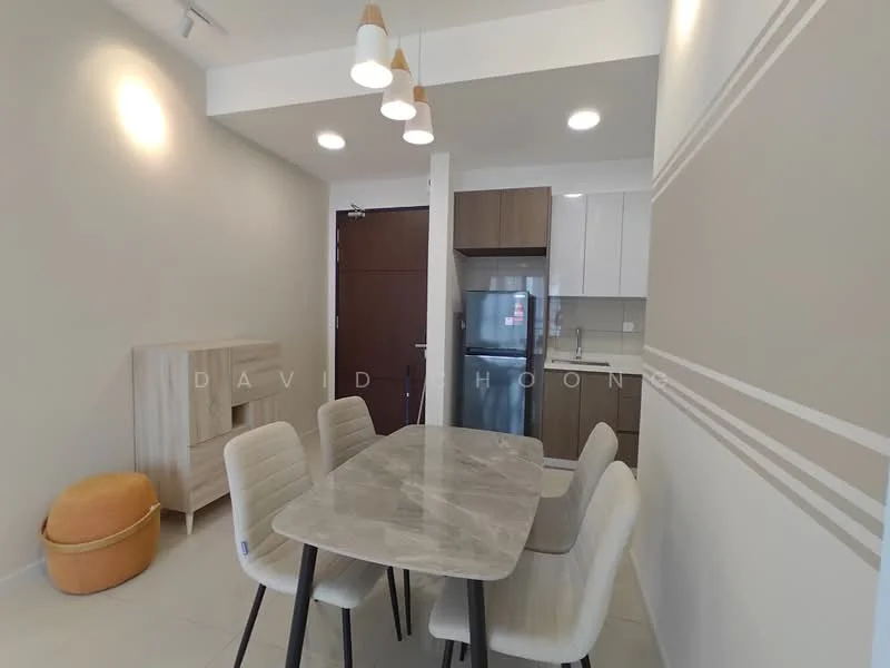 Dining features: marble dining table, 4 upholstered dining chairs, pendant lighting with three bulbs, white walls, light grey accent wall with horizontal stripes, built-in cabinetry in wood finish, stainless-steel fridge, open layout, tile flooring, recessed ceiling lights; style: modern.