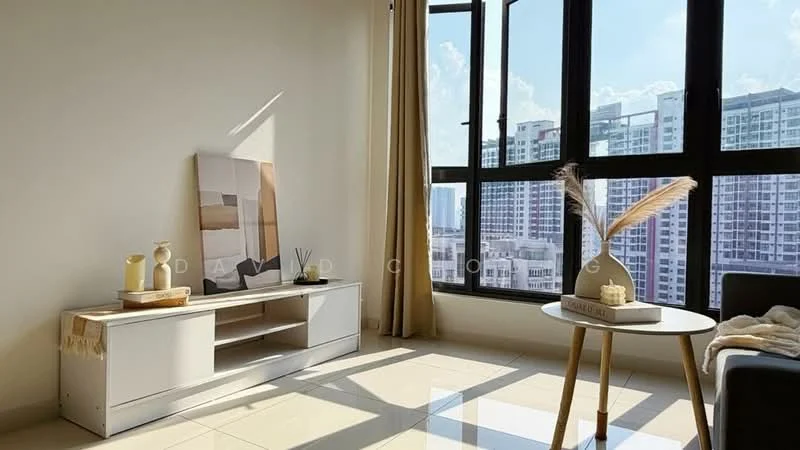 Living features: large floor-to-ceiling windows, white painted walls, cream curtains, glossy tile flooring, minimalist TV console in white, decorative vase on console, abstract artwork on wall, round coffee table with wooden legs, sofa in dark color, decorative plant on coffee table; style: modern; view: city.