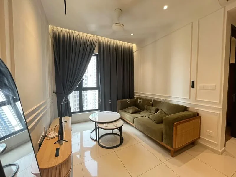 Living features: 3-seater fabric sofa in olive green, round coffee table with black metal base, floor-to-ceiling windows, grey curtains, white painted walls with crown moulding, recessed downlights, light-colored tiled flooring, wall-mounted TV console; style: modern; view: city.