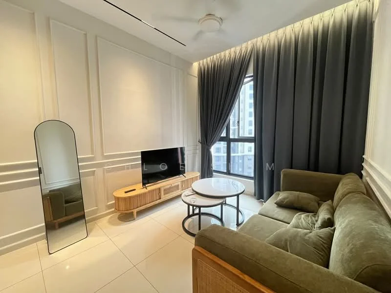 Living features: 3-seater fabric sofa in olive green, round coffee table with white top, TV console with wooden finish, wall-mounted TV, floor-to-ceiling windows, grey curtains, mirror with rounded edges, white tiled flooring, recessed ceiling lights, ceiling fan; style: modern; view: city.