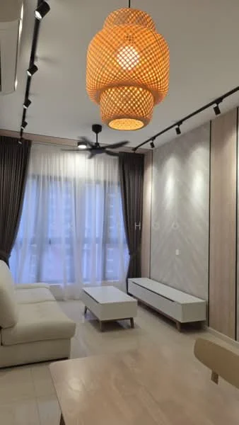 Living features: 3-seater fabric sofa in cream, coffee table, TV console, wall-mounted TV, floor-to-ceiling windows, sheer curtains, dark brown curtains, recessed LED downlights, pendant lamp with woven design, light wood flooring, accent wall with textured paneling, ceiling fan; style: modern; view: city.