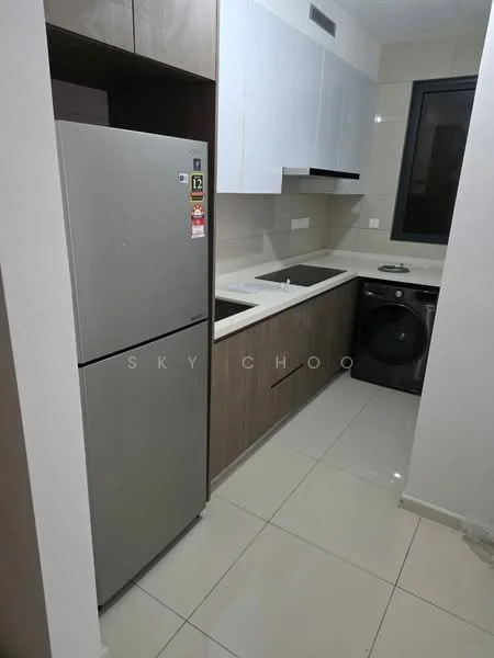 Kitchen features: grey refrigerator, double-bowl stainless-steel sink, chrome pull-down faucet, white laminate countertop, wood cabinetry with flat-panel design, built-in washing machine, ceramic tile flooring, white painted walls, window with black frame; style: modern.