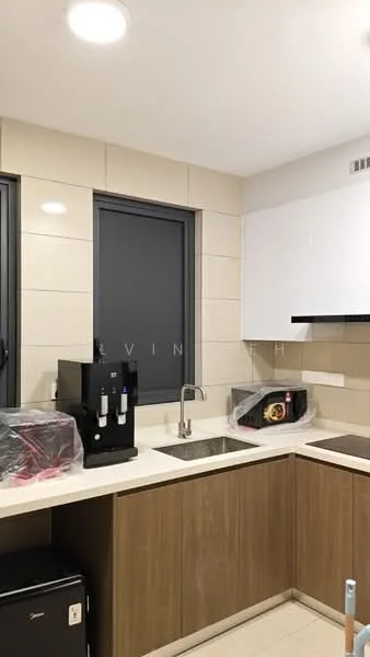 Kitchen features: white upper cabinets, wood lower cabinets, stainless-steel sink, chrome faucet, countertop with light-colored surface, built-in microwave, coffee machine, black fridge, two windows with black frames, recessed ceiling lights, tile backsplash, kitchen appliances wrapped in plastic; style: modern.