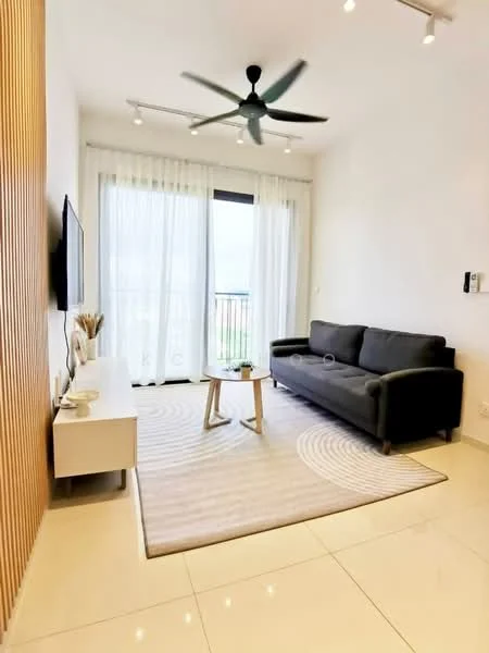 Living features: 3-seater fabric sofa in grey, coffee table, wall-mounted TV, area rug with circular pattern, floor-to-ceiling sliding glass door, sheer curtains, ceiling fan with light, recessed downlights, white painted walls, glossy tile flooring; style: modern; view: city.