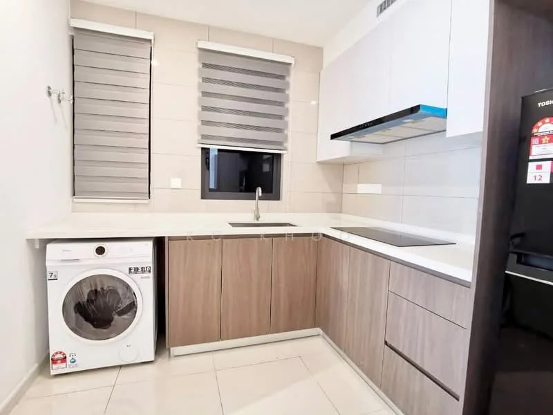 Kitchen features: white quartz countertop, wood cabinetry, stainless-steel sink, chrome pull-down faucet, built-in stove with hood, front-load washing machine, sliding window with blinds, ceramic tile flooring, refrigerator, under-cabinet lighting; style: modern.