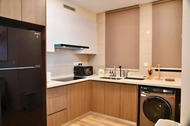 Kitchen features: white cabinetry with wood accents, black built-in oven, stainless-steel sink, chrome pull-down faucet, white quartz countertop, black induction cooktop, built-in range hood, front-load washing machine, wood laminate flooring, roller blinds on windows, wall-mounted lighting, open shelving, kitchen utensils on countertop; style: modern.